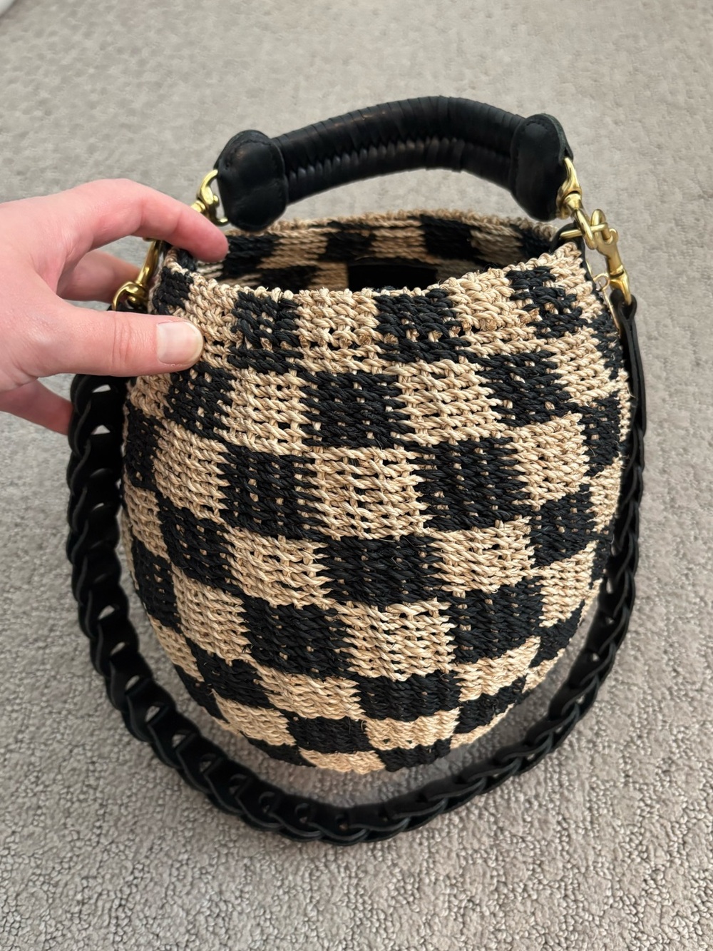 Clare V Pot de Miel in Black & Natural Checker with Shoulder Strap in Black